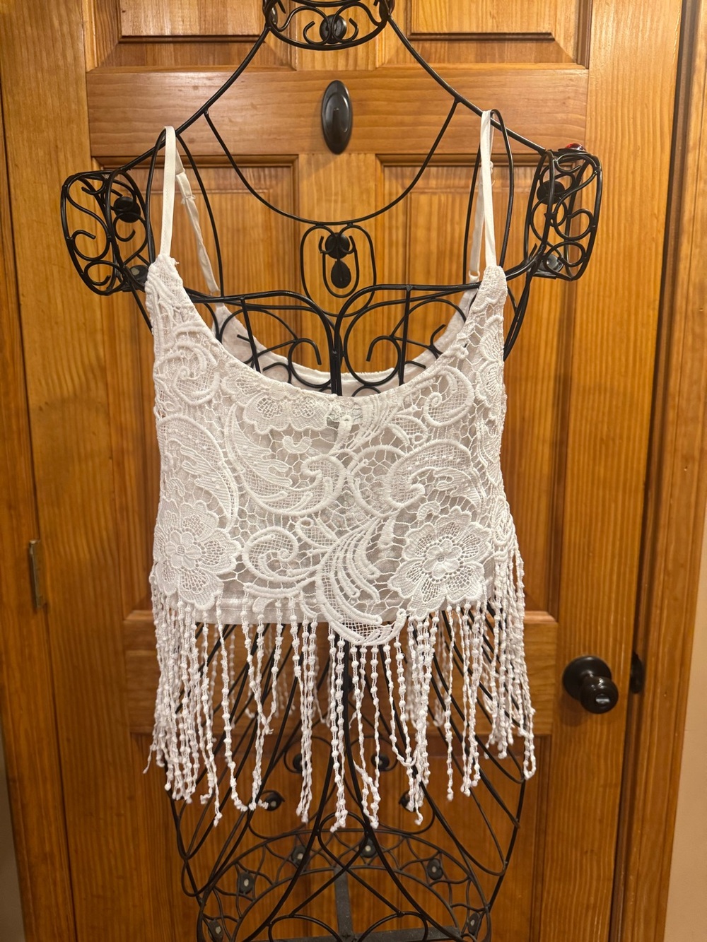 White Crochet Crop Delicate Lace Long Fringe Hem Bohemian Festival Tank Top CH